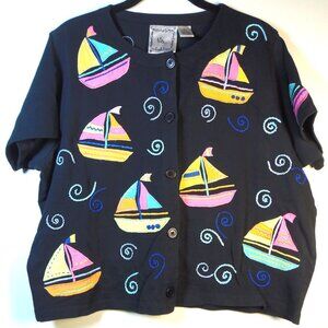 Vintage Michael Simon Lite Embroidered Sail Boat Short Sleeve Cardigan